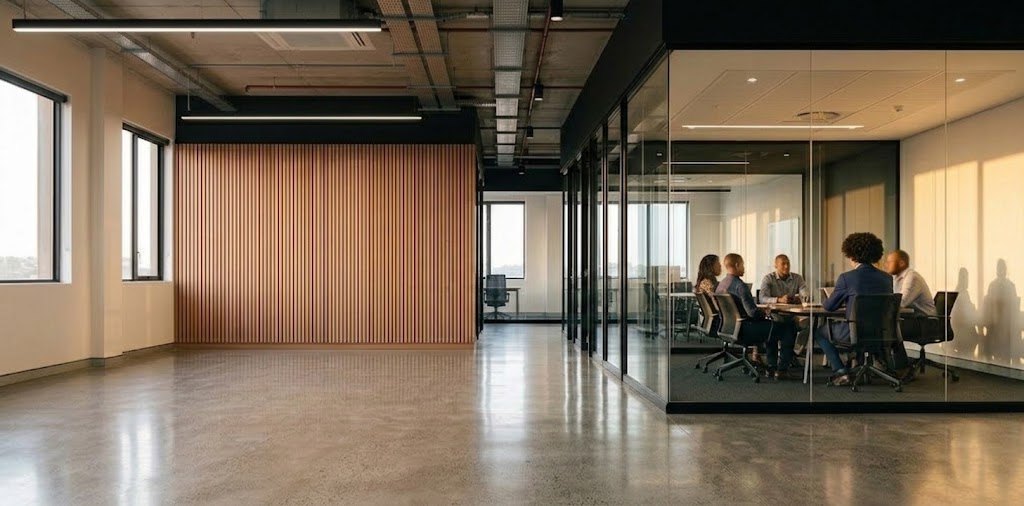 The team meeting around a table in a glass-walled boardroom in a light, open-plan office