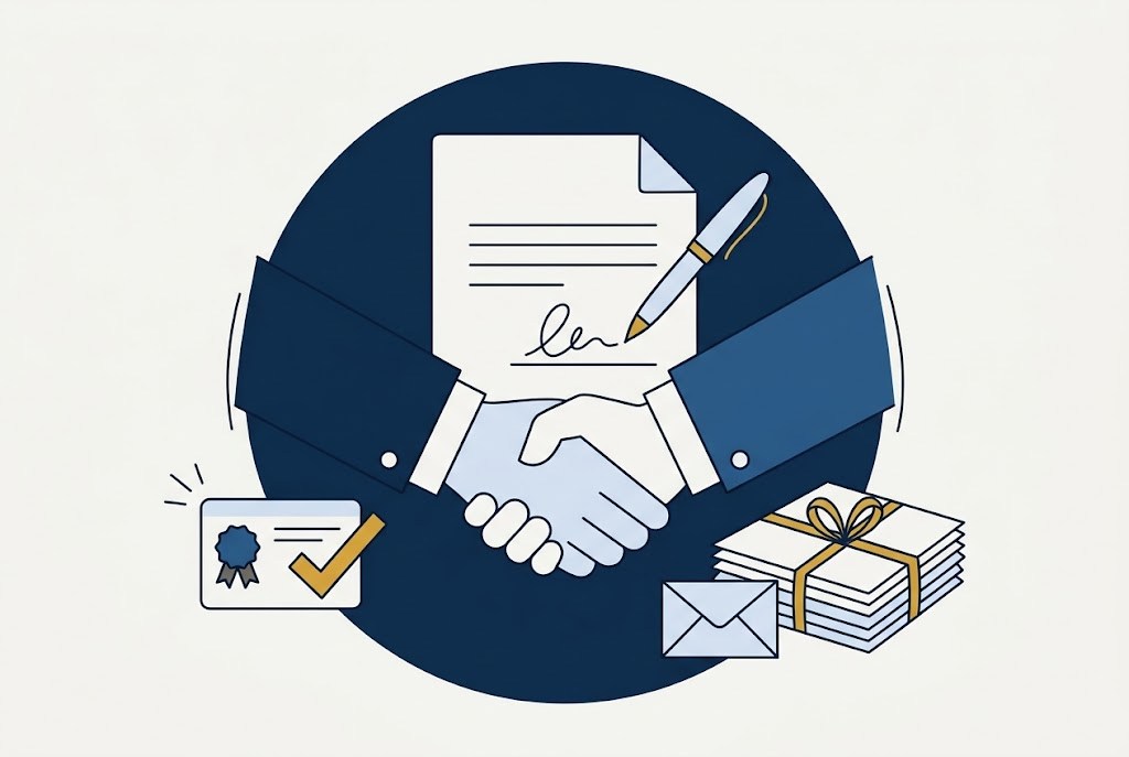 Illustration: a handshake over a signed agreement, with a verified licence certificate and a bundle of onboarding documents