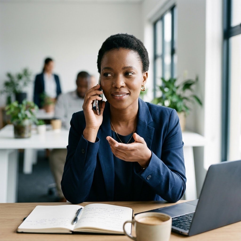 A broker on a phone call at her desk with a laptop, notebook and coffee