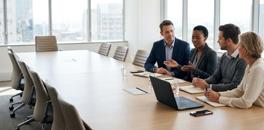 A broker presenting to a client team around a boardroom table with city views