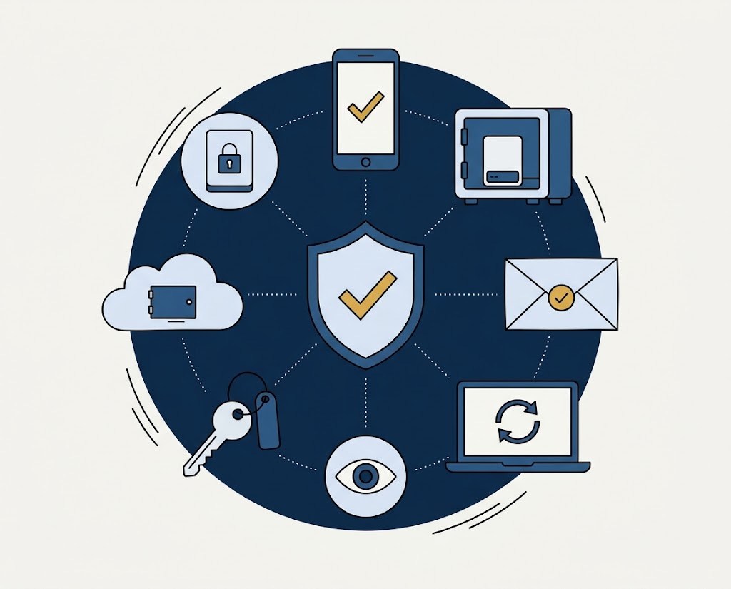 Illustration: a central security shield linked to MFA on a phone, a backup vault, email, patching, monitoring, keys, cloud and encryption