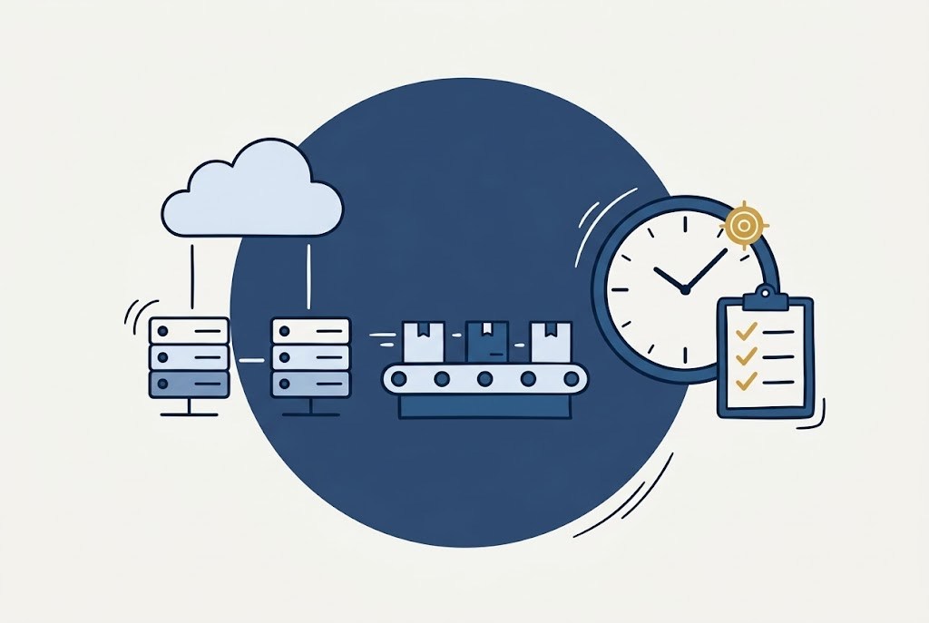 Illustration: redundant servers linked to the cloud keep a production line running, beside a recovery-time clock and a completed continuity checklist
