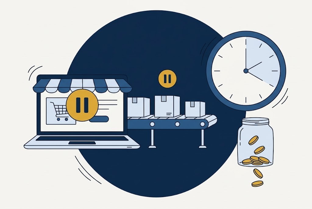 Illustration: a paused online shop, a stalled production line, a clock running and coins draining from a jar