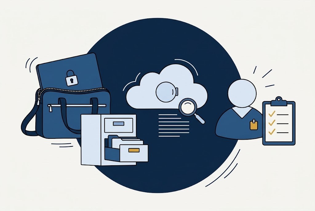 Illustration: a padlocked laptop in a bag, an organised filing cabinet, cloud logs under a magnifying glass, and an officer with a completed checklist