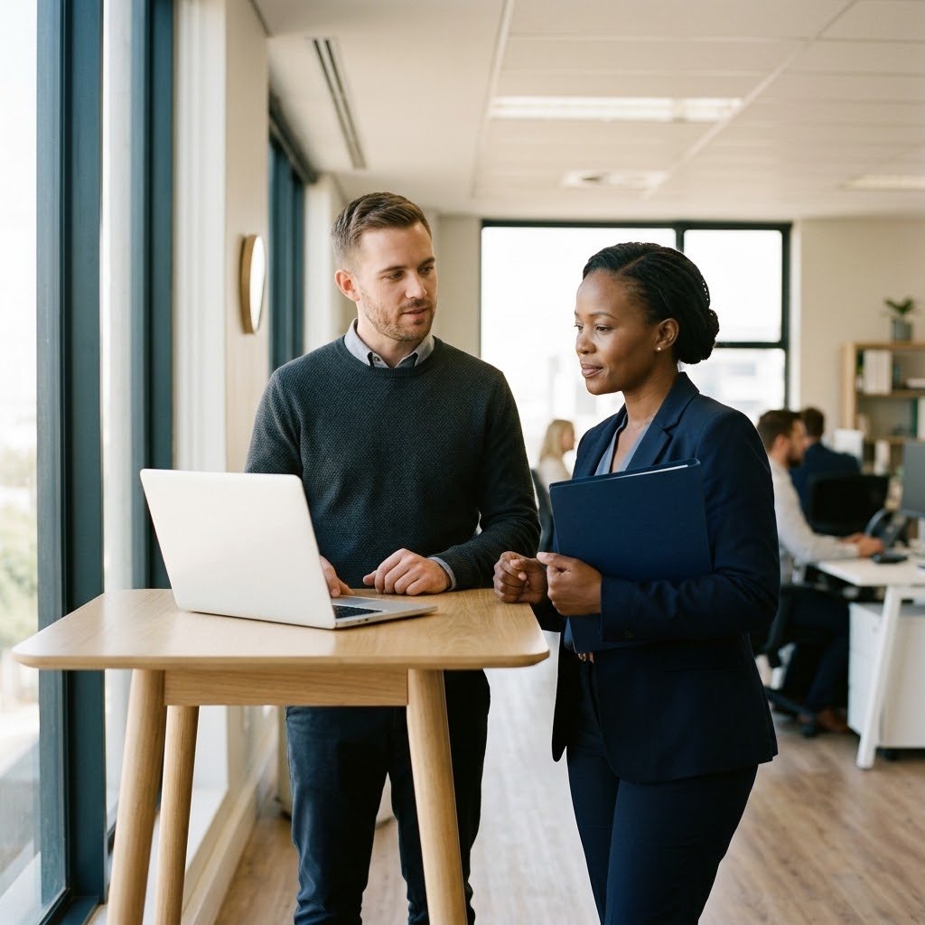 Two colleagues talking at a standing desk with a laptop and a folder in a bright office
