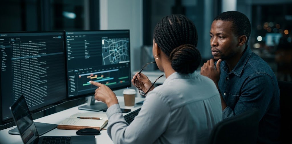 Two analysts reviewing event logs and an incident timeline on large monitors in a dark office