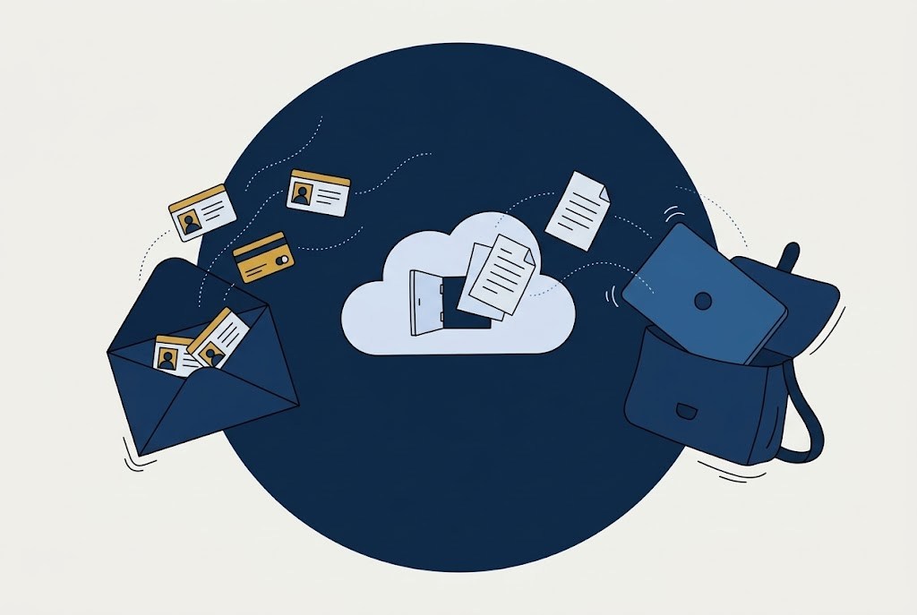 Illustration: ID documents and a bank card leaking from an email, files escaping an open cloud folder, and a laptop falling from a bag