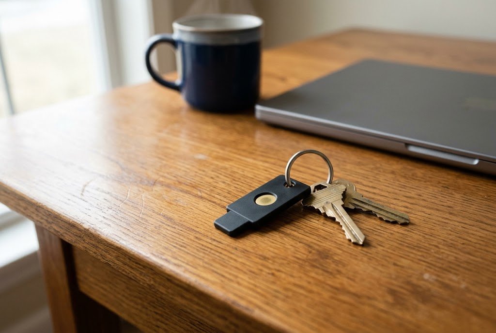 A hardware security key on a keyring beside a closed laptop and a coffee mug on a wooden desk