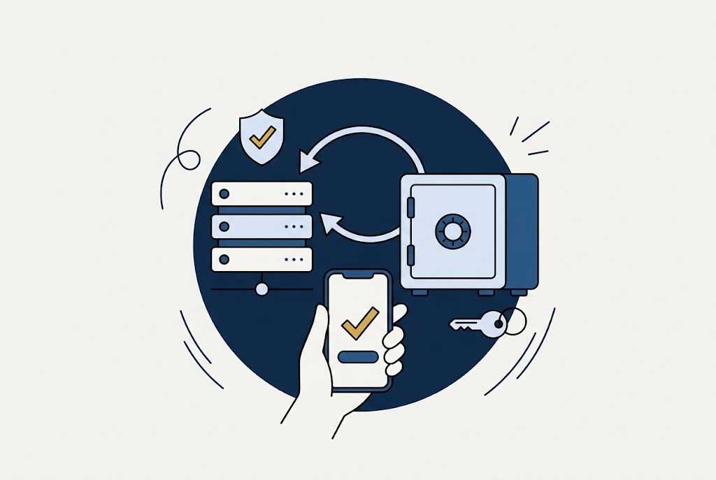 Illustration: servers being restored from a secure vault, a phone approving a multi-factor sign-in, and a key