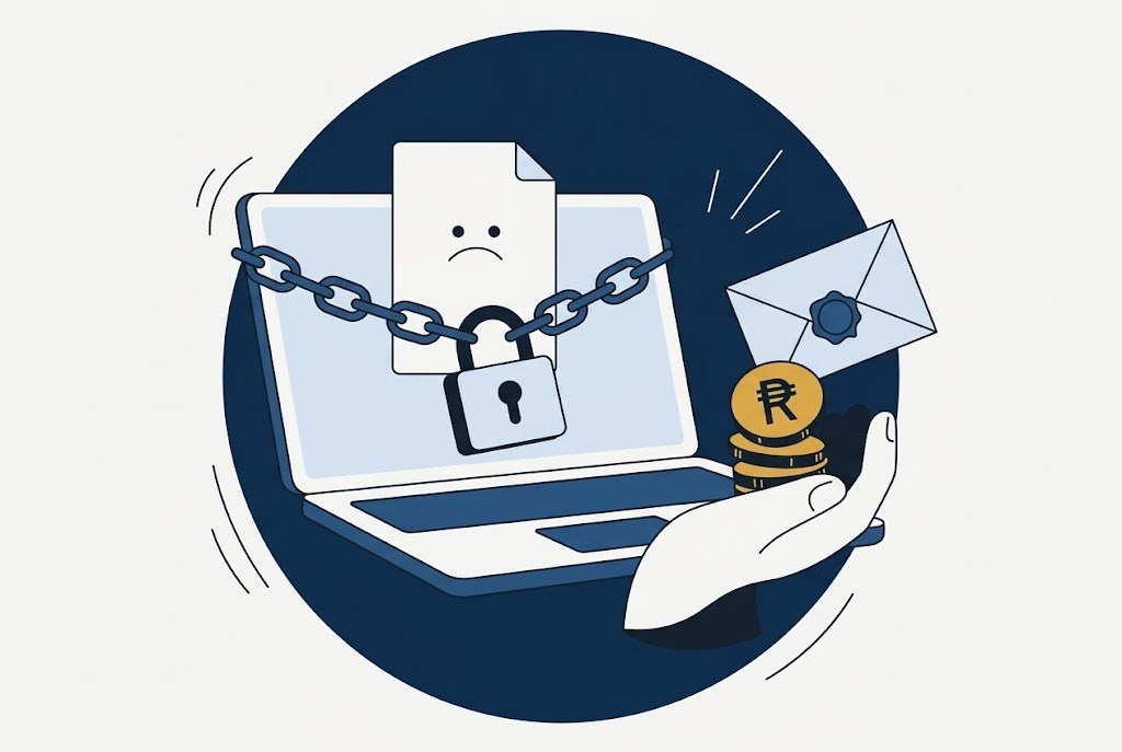 Illustration: a laptop locked with a chain and padlock, a ransom note and a hand holding out coins