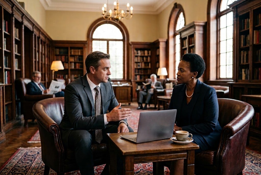 A broker and a client in conversation over a laptop in a wood-panelled library
