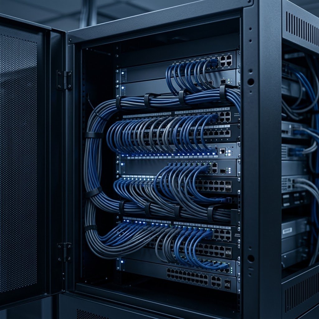 Network switches and neatly bundled cabling inside an open server rack