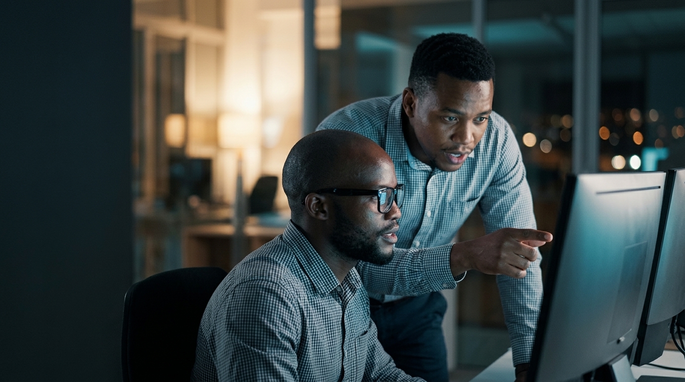 Two IT professionals reviewing systems on a monitor in an office at night