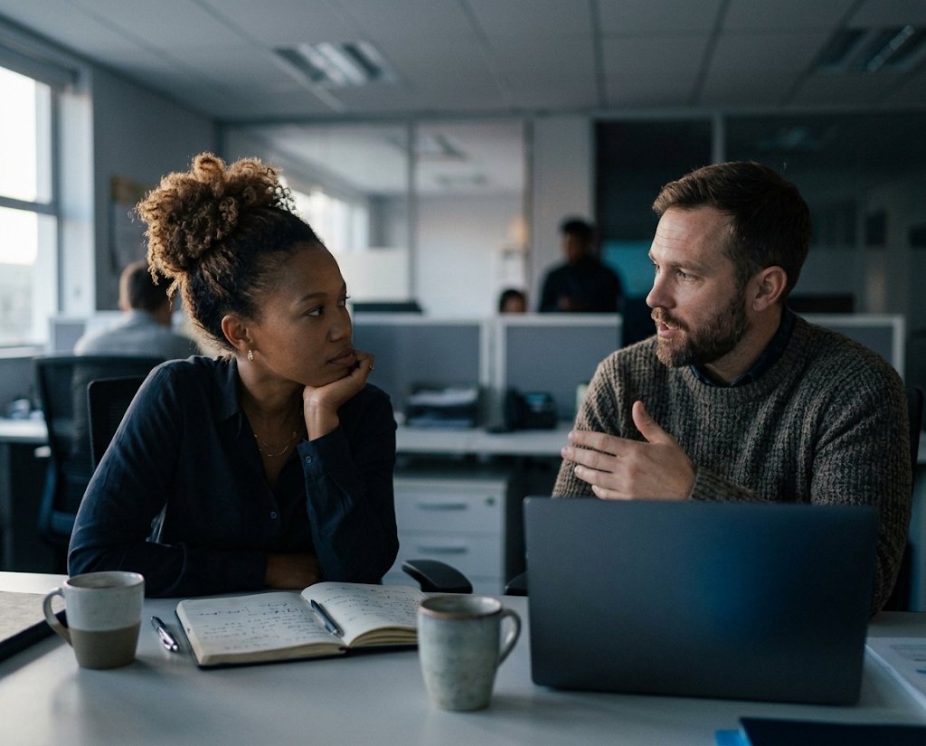 Two colleagues in conversation at a desk with a laptop and notebook in an office