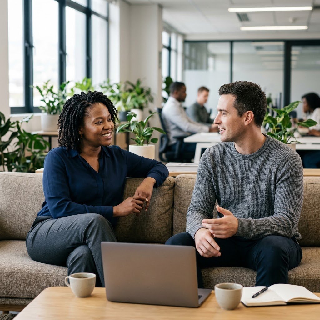 Two colleagues chatting on a sofa in a relaxed office lounge, with a laptop and coffee on the table
