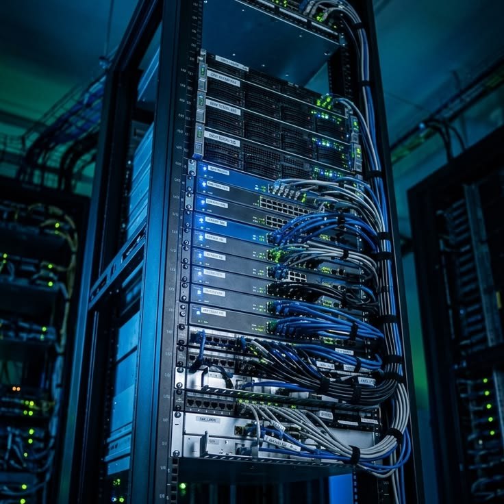 A server rack with neatly bundled blue network cabling in a dimly lit data centre