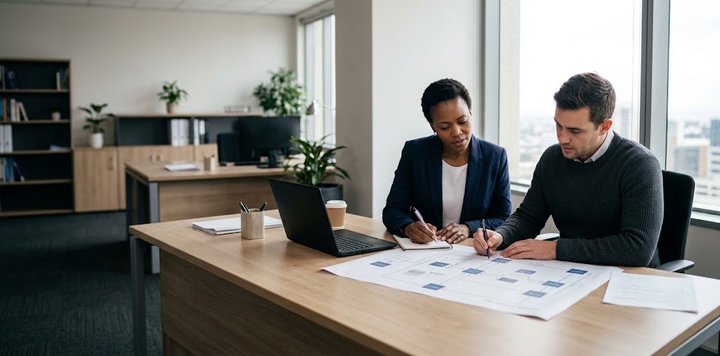 An underwriter and an engineer marking up a network diagram together at an office desk