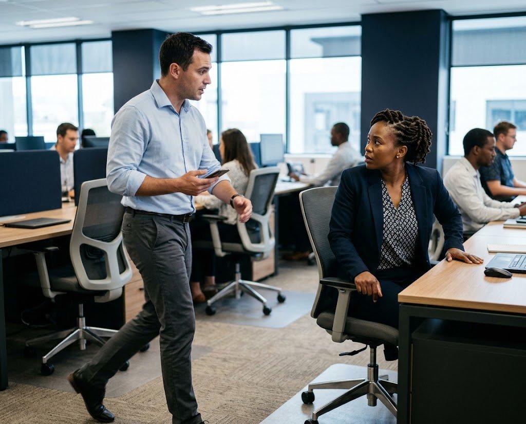 A colleague hurries over with his phone to alert the IT manager at her desk in an open-plan office