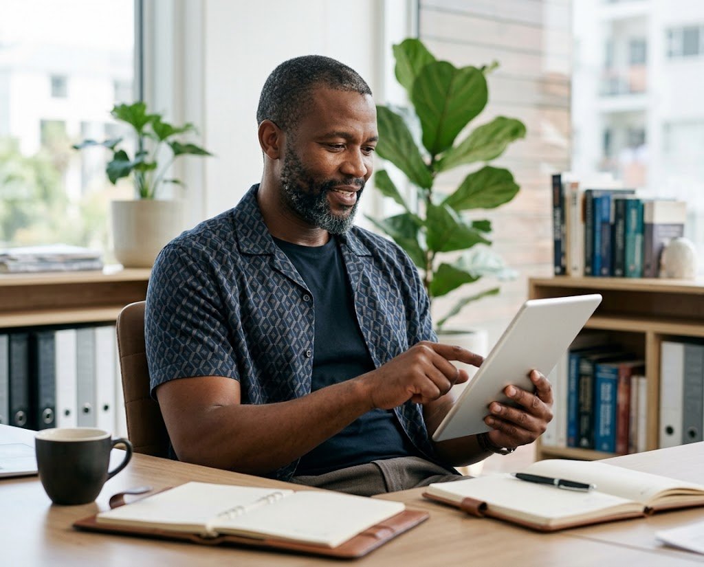 A business owner reading through documents on a tablet at his desk