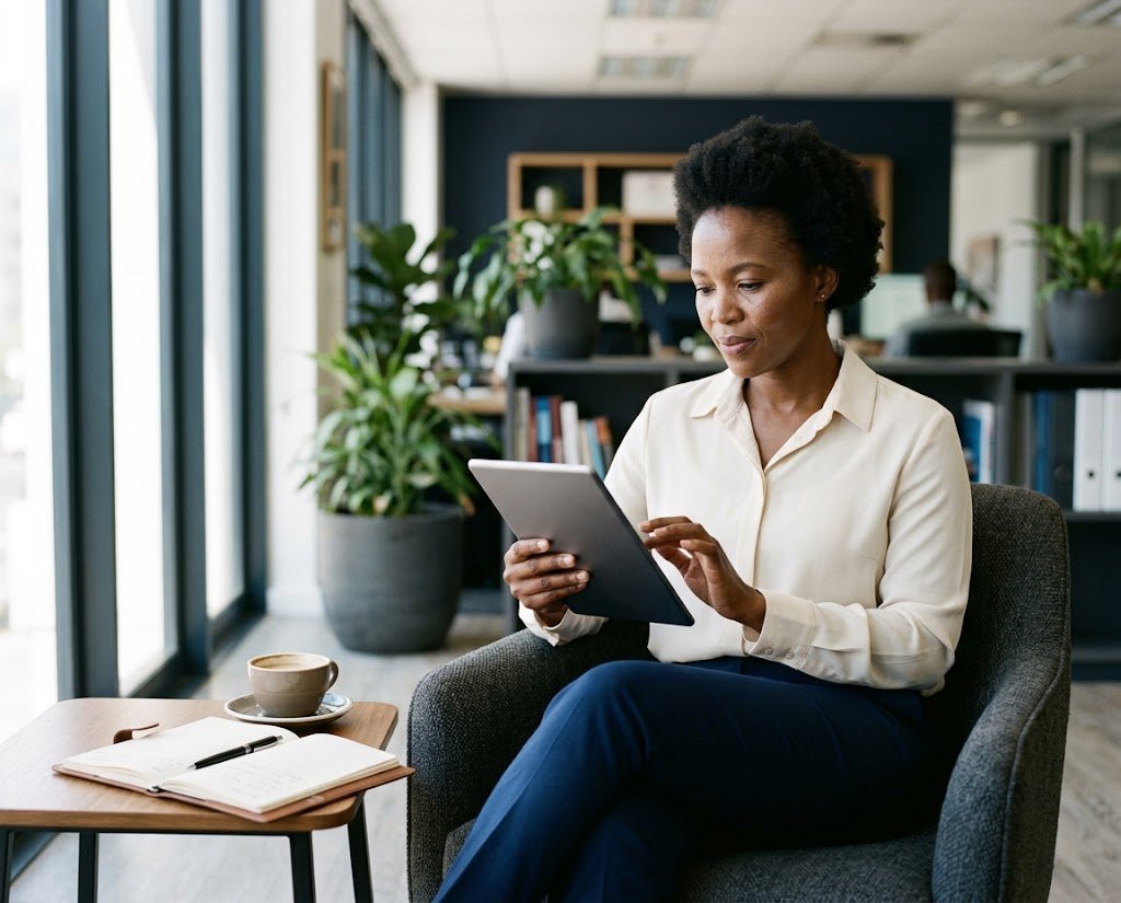 A business leader reading a guide on a tablet in a quiet corner of the office