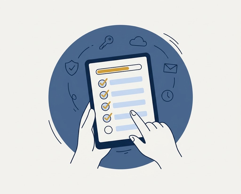 Illustration: hands ticking off a security checklist on a tablet, surrounded by key, cloud, email and shield icons